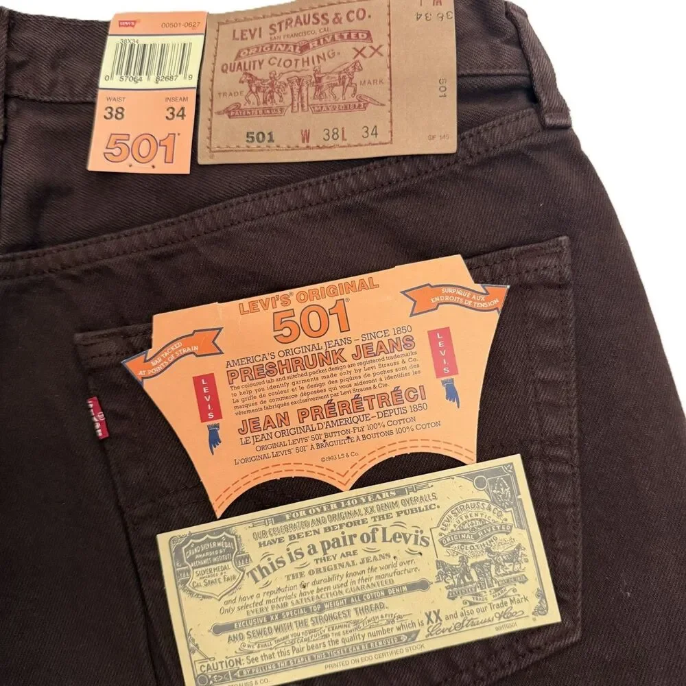 Vintage 1997 Levi's 501 Jeans 38x34 Chocolate Brown NWT Made in Canada Stamp 216
